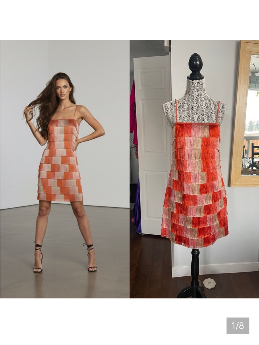 Trina Turk Vibrant Orange and Pink Tiered Fringe Tassel Flapper Party Dress